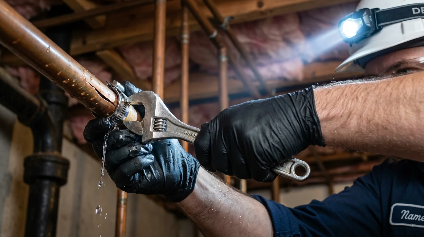 Emergency pipe clamp repair being performed by a Johns Plumbing LLC plumber in Paintsville