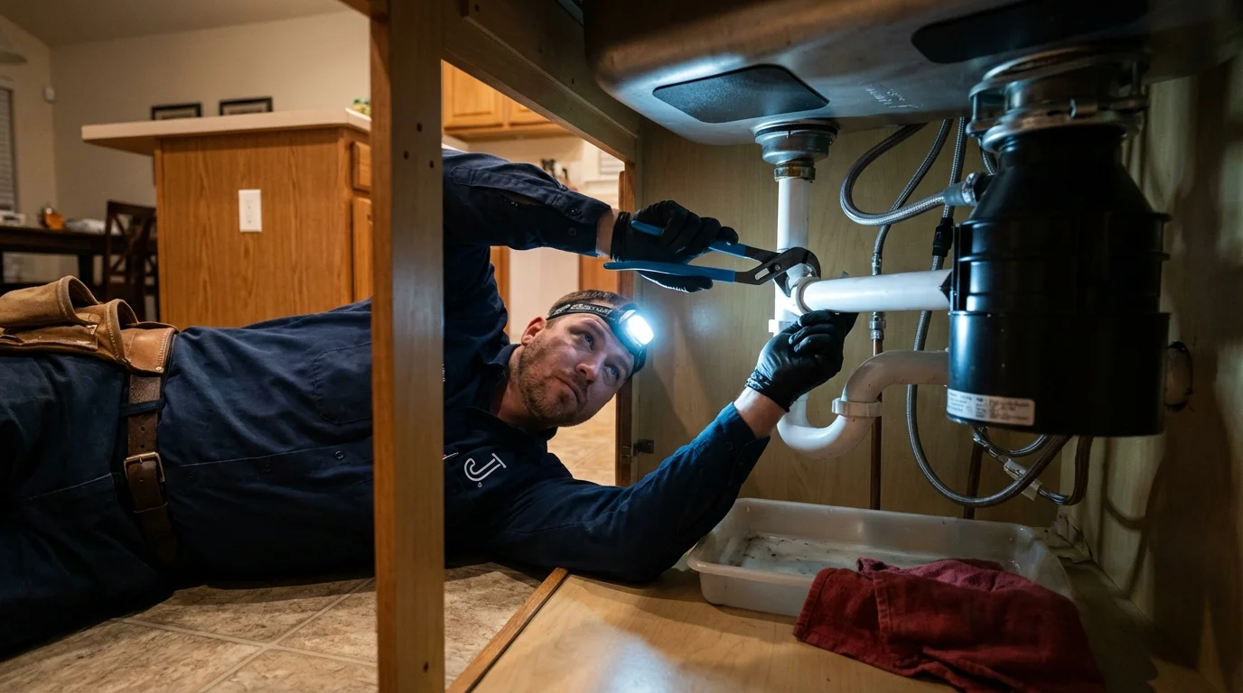 P-trap and supply line connections under a kitchen sink showing a common leak point in Paintsville, KY